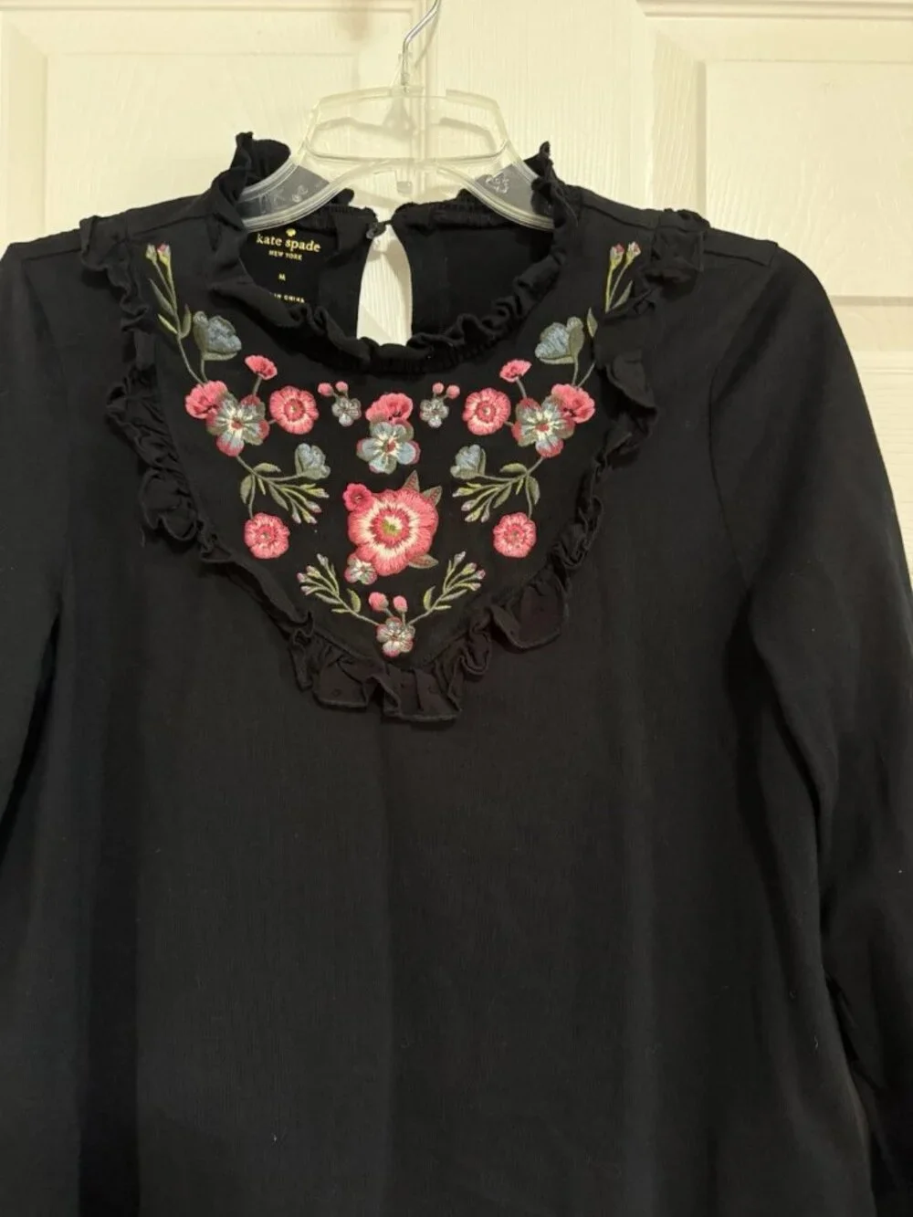KATE SPADE Size M Black Embroidered Ruffled Long Sleeve Peasant Top